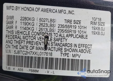 2019 Acura Rdx Advance Package z USA, uszkodzony, nr VIN 5J8TC2H7XKL017618